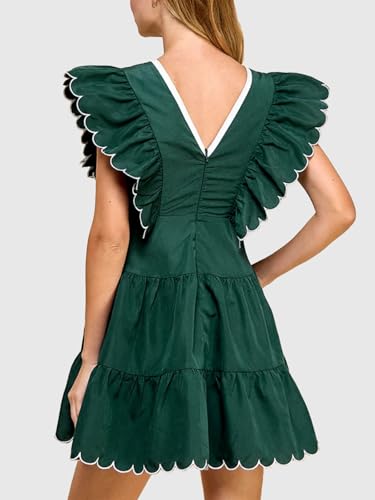 Ruffle Sleeve Tiered Babydoll Mini Dress for Women with Bow Tie Front, Scalloped Edge Contrast Trim Flowy Dress3