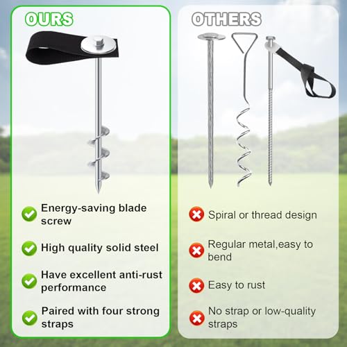 Image of Eurmax USA Ground Anchors Screw in Trampoline Anchors High Wind Tent Stakes Heavy Duty Ground Stakes Trampoline Stakes Anchor Kit Set of 4 Bonus 4 Strong Belt (Silver)