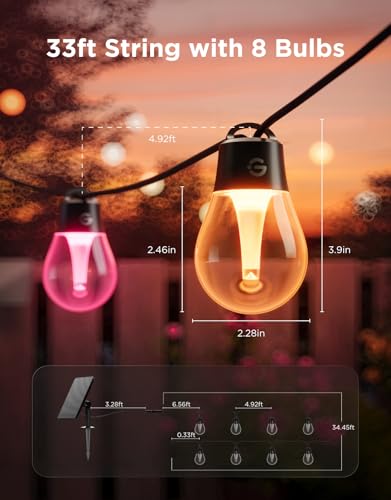 Image of Govee Outdoor Solar String Lights, 33ft with 8 RGBICW Bulbs IP67 Waterproof | 112 Modes & APP Control via Bluetooth, 8 Dimmable LED Shatterproof Bulbs, RGBICW Patio Lights for Garden, Backyard, Camping