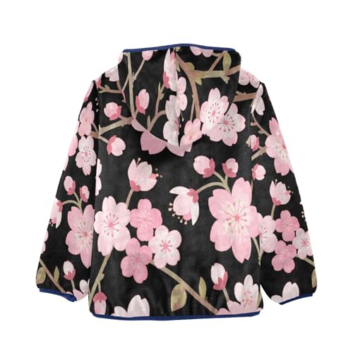 Cherry Blossoms on Black Background Toddler Fleece Jacket Girl Boys Hooded Fleece Jacket Coat Warm2
