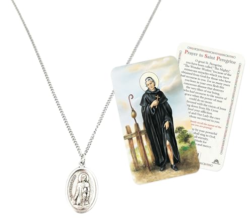 St. Peregrine Medal - Peregrine Medal for Women & Men on 18 Inch Chain, Prayer Card & Necklace - Patron Saint of Cancer Patients Set