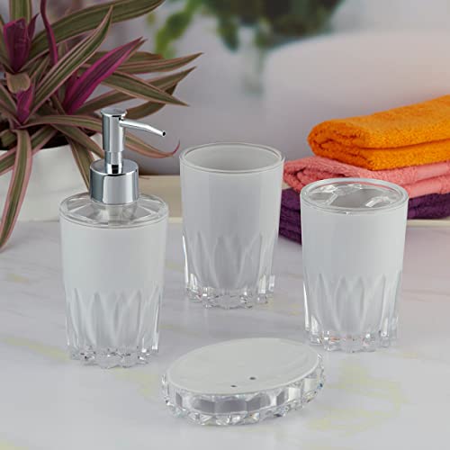 Image of Kookee Acrylic Bathroom Set - Stylish 4 Piece Bath Accessories Kit with Soap Dispenser, Toothbrush Holder, Tumbler & Soap Dish - Modern & Designer Decor for Home & Guest Bathrooms (8339)