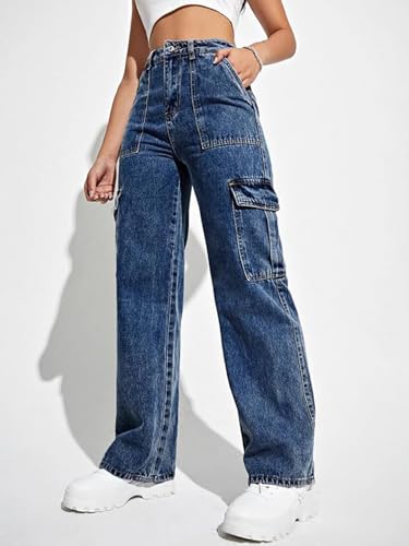 Image of Glossia Fashion High Waist Cargo Denim Jeans for Women Wide Leg Stretchable Straight Fit Jeans(WJ1-1215-$)