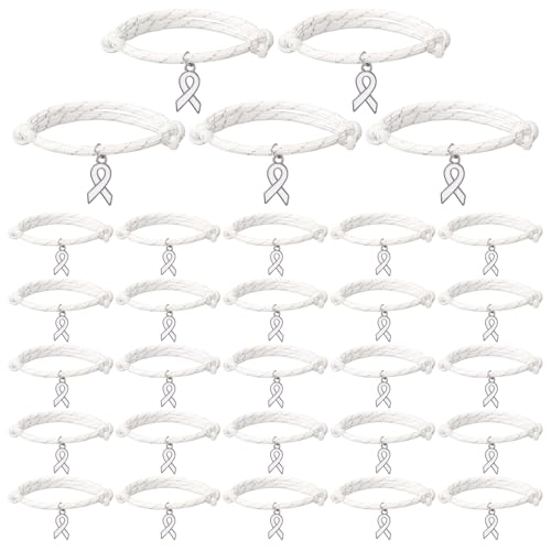 Tondiamo 30 Pcs Lung Cancer Awareness Bracelets Bulk with White Ribbon Alloy Pendant Adjustable Bracelets for Women's Rights Movement Bone Cancer Adoption Charity Recognition Public Events