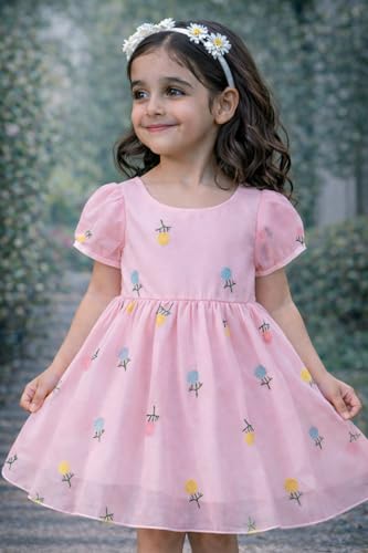 Image of Buy & Try Beautiful Embroidered Flower Dress for Baby Girls, Georgette Fabric, Puff Sleeve, Printed Outfit, Perfect Birthday Dress