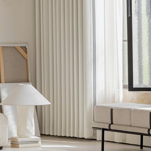Image of FMFUNCTEX 100% Beige Blackout Curtains for Bedroom, Cream Weave Textured Curtains 54 Inch Length Thermal Insulated Curtains for Living Room, Farmhouse Drapes Grommet Room Darkening 2 Panels