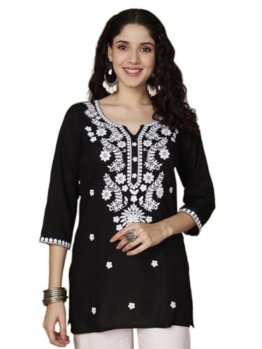 Image of Short Kurti for Women for Jeans, Chikankari Kurtis for Ladies, Lakhnavi V- Neck Women's Tunic Design Kurta, Floral Kurtas & Tunics for Woman