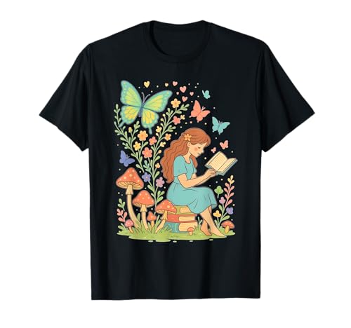 女の子 読書本 コテージコア フローラル バタフライ ファンタジー Tシャツ