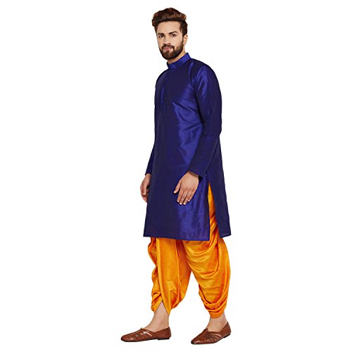 Image of SOJANYA (Since 1958 Men's Off-White and Gold Dupion Silk Dhoti Kurta Set