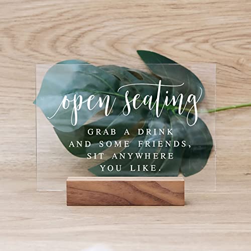 Acrylic Open Seating Signs with Wood Stand- 5”x7" Glass Look Clear Acrylic No Seating Plan Sign Wedding Seat Sign with Holder for Wedding Reception & Event Party Table