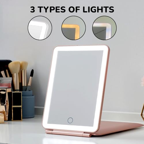 Image of Prime Pick Glow Pro Travel Vanity Mirror Rechargeable Makeup Mirror LED Light 3 Color Lighting Dimmable Touch Control Portable Beauty Cosmetic Mirror for Women Pink