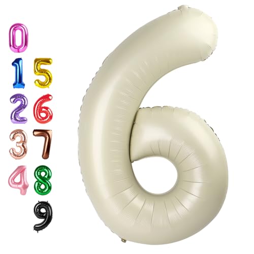 Image of Number Balloons 6 Balloon 40 inch Cream for 6th Birthday Party Decoration | Saturated Color, Large 40 inch, With Inflation Straw & Hanging Holes, Great for Wedding, Anniversary, Thanksgiving, Christmas