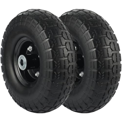 2 Pack 10-Inch Solid Wheel Replacement 4.10/3.50-4 Flat Free Tire and Wheel with 5/8 extra Double Sealed Bearings for Garden Carts Dump Cart Hand Truck Wheelbarrow Garden Wagon