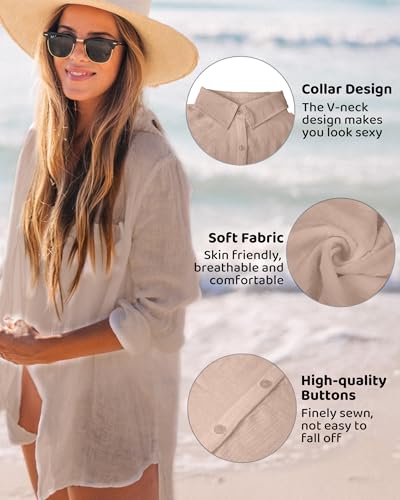 Image of CoCozy Bathing Suit Cover Ups for Women, Long Sleeve Swimwear Button Down Shirt Dress Swimsuit Bikini Beach Cover Up 2026,Deep Pink
