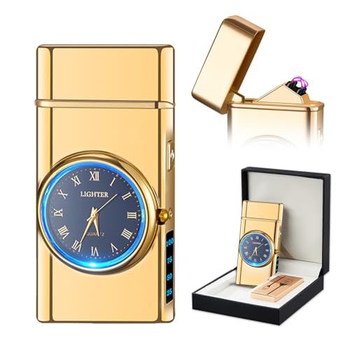 SKRFIRE Encendedor eléctrico de Plasma de Doble Arco Recargable con indicador de Pantalla de batería frío Giratorio con Caja de Regalo para Amigos, Familia, Velas (Dorado)