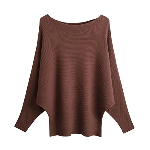 Image of Blostirno Women's Boat Neck Batwing Sleeves Dolman Ribbed Knitted Sweaters Pullovers Tops