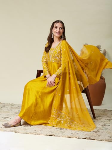 Image of MOKOSH Women's Silk Anarkali Kurta Pant with Dupatta | Anarkali Kurta Set | Embroidered | 3 Piece Outfit | Floral Ethnic Suit 4 Colour Options Available