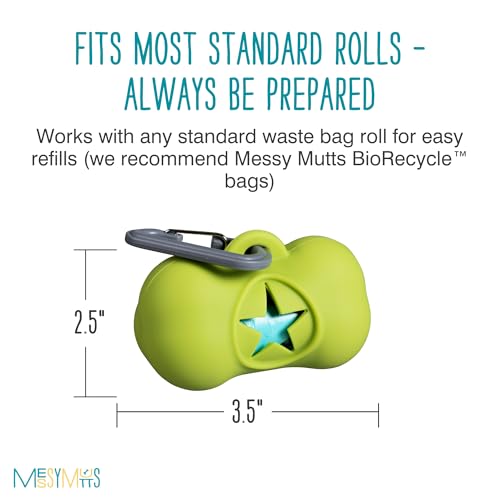 Image of Messy Mutts Silicone Dog Waste Bag Holder | Dog Poop Bag Dispenser with Carabiner and Bags | Unscented Roll Included - 15 bags| Leash Essential |(Green)