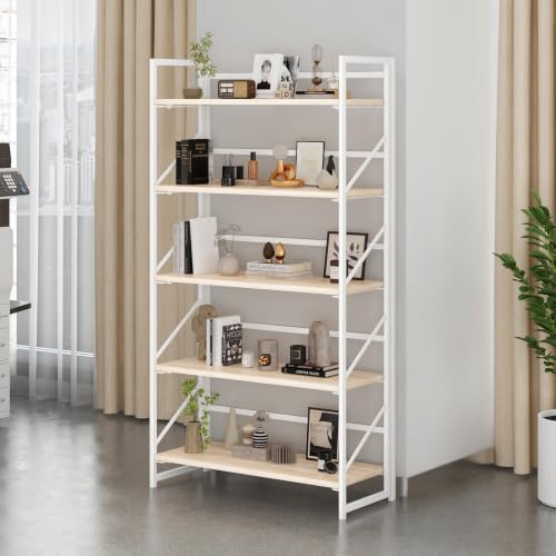 Image of JSB 5 Tier No Assembly Folding Bookshelf, 30.7 inch Wide Foldable Storage Bookcase for Home Office, Space-Saving Storage Shelf for Living Room (White)