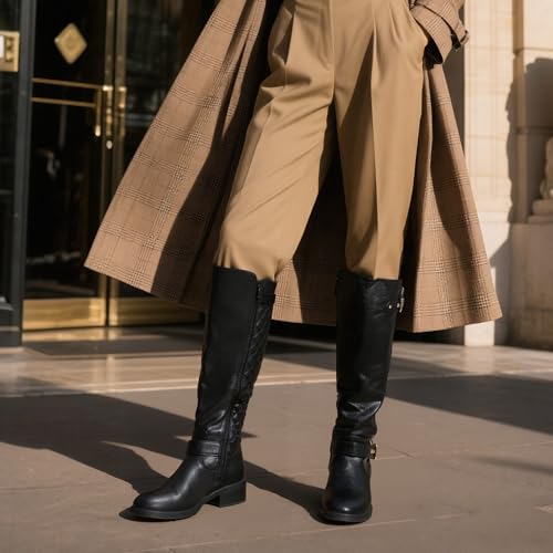 DREAM PAIRS Women's Knee High Boots Low Block Heel Riding Boots Round Toe Side Zipper Biker Motorcycle Buckle Boots3