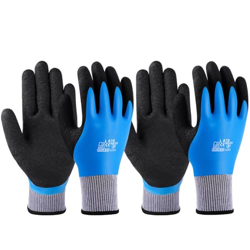 flintronic Waterproof Work Gloves 2 Pairs Ultra-Grip Work Gloves Non-Slip Latex Coated Versatile for Gardening Car Washing Fishing Cleaning Outdoor Tasks Blue M