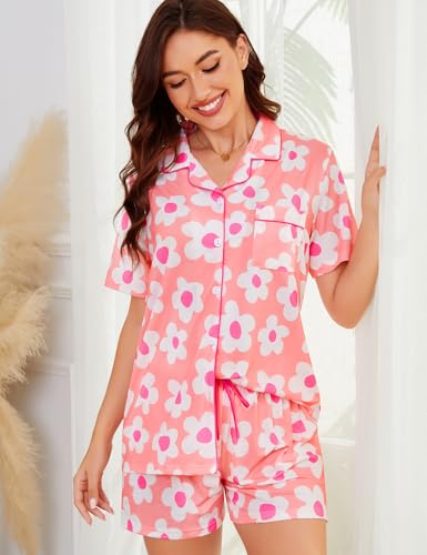 Image of SWOMOG Womens Button Down Pajamas Set Short Sleeve Sleepwear Bride Soft Pj Lounge Sets XS-3XL