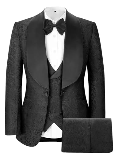 Men's 3 Piece Suit Slim Fit Shawl Lapel Jacquard Floral Tuxedo Wedding Prom Suits with Bow Tie