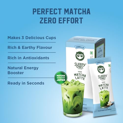Image of Sleepy Owl Vanilla Iced Matcha Latte Premix Powder, Made with Premium Japanese Matcha Green Tea Powder, Instant Premix Easy to Make Anywhere, Calm Energy & Focus, Natural Antioxidants, 3 Sachets
