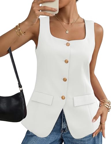 Ahlaray White Vest Top Women Blazer Vest Sleeveless with Square Neck Flap Pockets Business Casual & Daily Wear