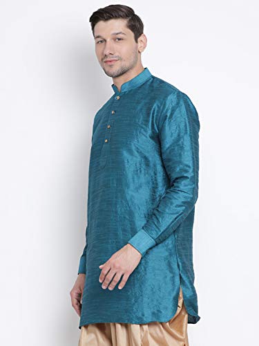 Image of Vastramay Men's Gold Curved Shape Pathani Style Silk Cotton Kurta - Mid-Length with Buttoned Cuff, Soft & Comfortable Ethnic Wear