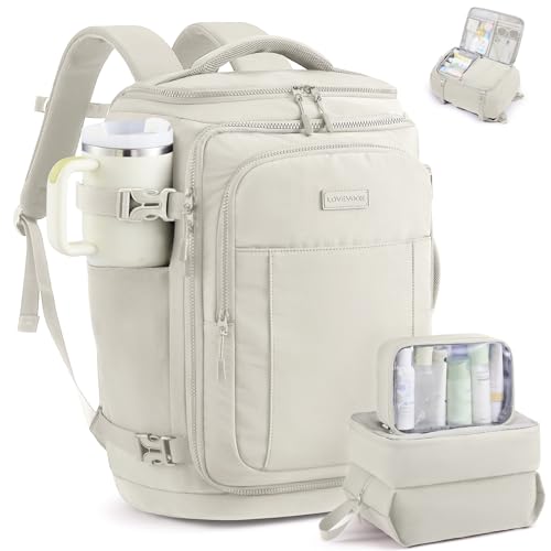 LOVEVOOK Travel Backpack for Women & Men, 40L TSA Approved Carry On Backpack with 3 Packing Cubes, Waterproof Weekender Overnight Bag for 2-4 Day Trips, Business & Travel Essentials, Beige Gray