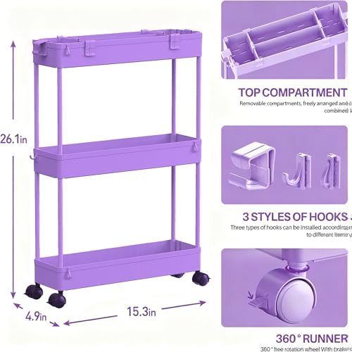 Image of SPACELEAD 2-piece Set Slim Storage Cart 3 Tier,Bathroom Organizer Rolling Utility,Mobile Shelving Unit Slide Out for Office, Kitchen, Laundry Room & Narrow Places