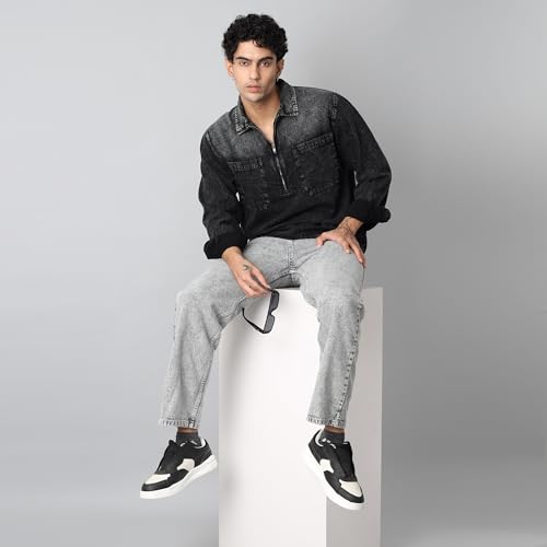 Image of Men's Denim Casual T Shirt | Oversized Fit | Spread Collar & Full Sleeve
