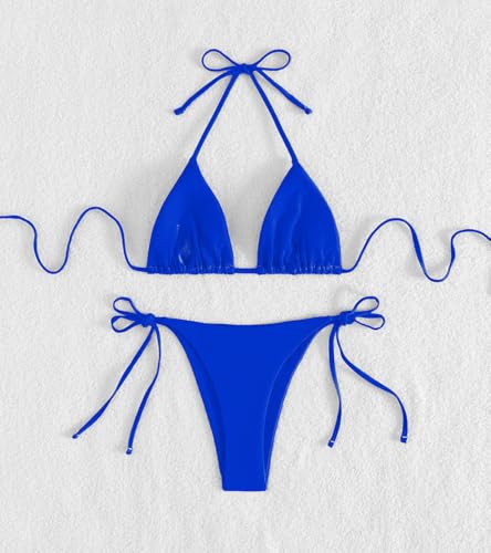 Image of Tainehs Women's Sexy Halter Thong Bikini Tie Two Sides Bottom Triangle Bikini Swimsuits