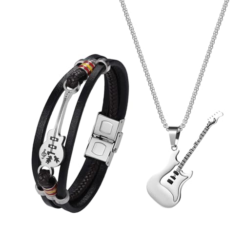 OIDEA Herren Halskette Armband Set: Rock Gitarren Anhänger Kette Edelstahl & Leder Armband Lederarmband mit Gitarre Punk Schmuckset Geschenk für Männer Junge R&B Fans Musiker