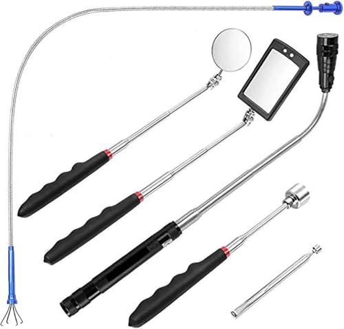 DUOJIN 6Pcs Outil de Préhension Magnétique, 1.5/4/20lb Outil de Ramassage Aimanté et Miroir d'Inspection Carré/Rond, Avec LED lumineuse et Poignée Télescopique Pivoter à 360°, Boîte et Batterie Inclus