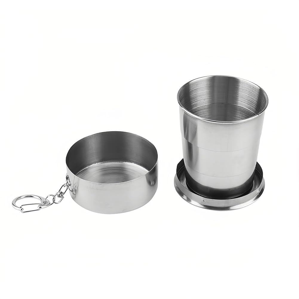 Stainless Steel Collapsible Cup, 150ml Camping Folding Cup Retractable Travel Mug with Lid Keychain Portable Drinking Outdoor Demountable Stackable
