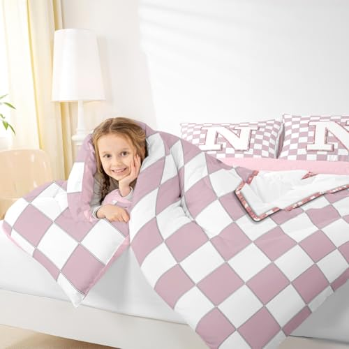 Image of Erosebridal Pink Initial N Kids Comforter Sets Kawaii Plaid Checkered Queen Bedding Set for Girls Teen Women Cute Personalized Monogram Comforter Set,Fashion Grids Gingham Quilt Duvet 3 Pcs