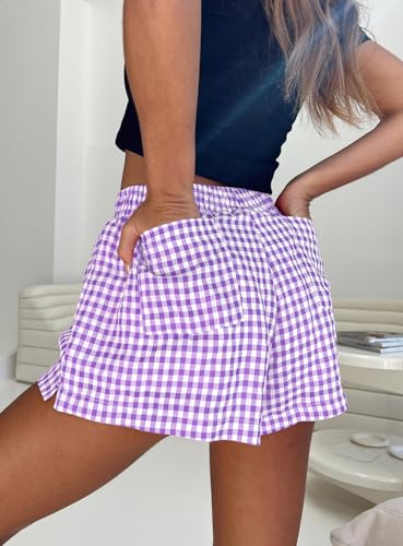 Image of Chunoy Women's Plaid Boxer Shorts Summer Casual Gingham Pajama Bottoms Short with Pockets