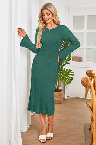 Image of Newshows Women's Hollow Slim Summer Fall Church Work Casual Sweater Dress | Machine Washable Knit Sweater Fabric, Hollow Design, Bell Sleeve, Business Casual, Church Teacher Outfits, Modest Dress