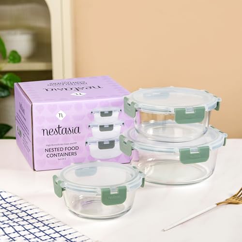 Image of Nestasia Nestro Airtight Glass Containers with Lid Set of 3 (400ml, 600ml, 950ml) | Spill Proof Round Glass Containers with Break Free Lock - Microwave, Dishwasher & Freezer Safe (Green)