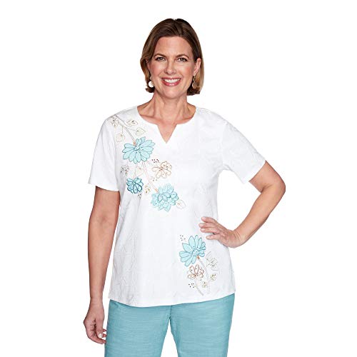 Alfred Dunner Womens Petite Floral Knit Top with Applique and Notch Neckline