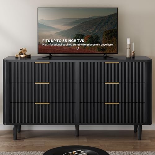 YITAHOME TV Stand with Fluted Panel, 47.2" Wide Mid-Century Modern for 48/50/55 inch TVs, 6 Drawer Entertainment Center with Storage, TV and Media Console for Living Room, Black