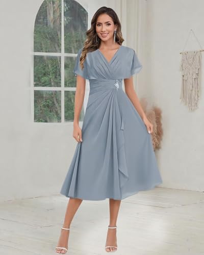 Tea Length Mother of The Bride Dresses - 2025 Chiffon Beaded Short Sleeve Wedding Formal Evening Dress for Women4