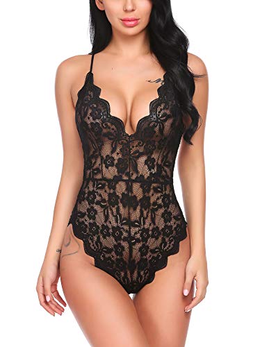 wearella - Body sexy da donna, in pizzo Nero XXL