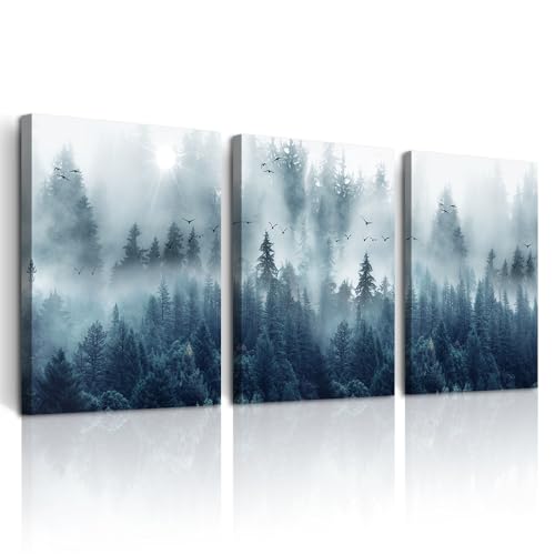 DZRWUBHS Framed Canvas Wall Art - Misty Forests Tree Wall Painting, 3 Piece Set, Ready to Hang for Living Room, Bedroom, Office
