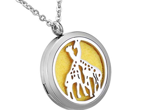Hooami Aromatherapy Essential Oil Diffuser Necklace - Two Giraffe Couple Stainless Steel Locket Pendant With 11 Color Pads #TOP25
