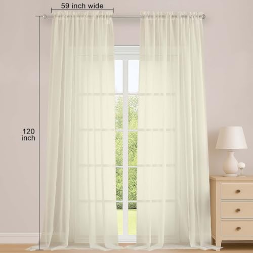 Image of OWENIE Cream Sheer Curtains 120 Inches Long 2 Panels Set, Airy Lightweight Sheer Cream Curtains for Living Room Bedroom, Farmhouse Voile Filmy Rod Pocket Curtains Drapes, 2 Pcs, 59 inch Wx120 L Inch