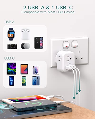 Us To Uk Ireland Travel Plug Adapter, Addtam Type G Power Outlet Adapter With 3 Ac Outlets And 3 Usb(1 Usb C), Travel Essentials For Usa To Dubai Scotland British London England Hong Kong Irish #TOP4