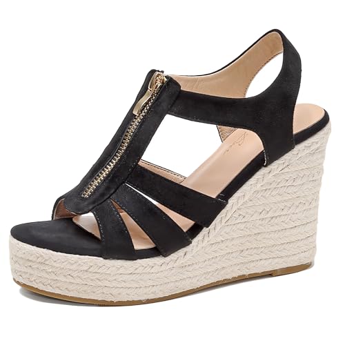 Womens Front Zipper Espadrille Wedge Sandals Dressy, High Heel Platform Sandals Open Toe Slingback, Comfy Sexy Summer Wedges Sandals
